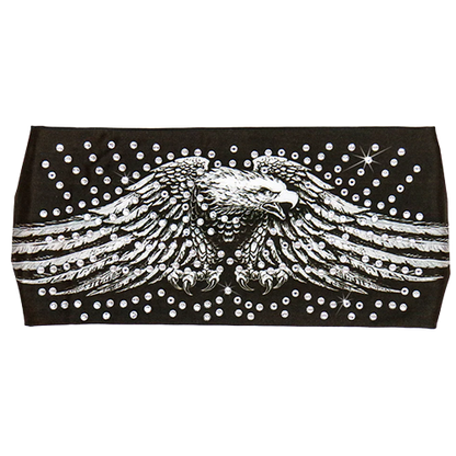 A black headband wrap with a rhinestone crystal and downwing eagle design
