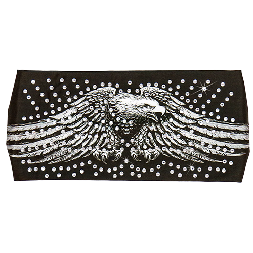 A black headband wrap with a rhinestone crystal and downwing eagle design