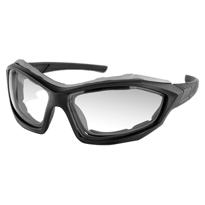 A pair of black photochromatic glasses with a wraparound fit and a goggle strap.