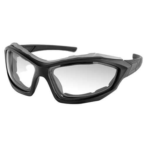 A pair of black photochromatic glasses with a wraparound fit and a goggle strap.