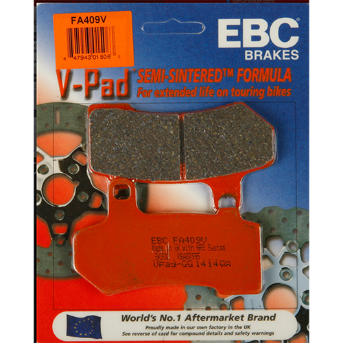 EBC Brakes V-Pad semi-sintered formula brake pads packaging on a blue background