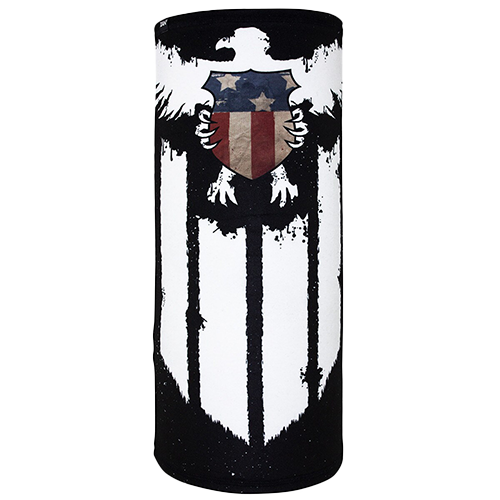 A cylindrical product with a reversible design featuring an eagle and American flag on a shield, with one side being black and white and the other side featuring colors.