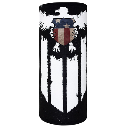 A cylindrical product with a reversible design featuring an eagle and American flag on a shield, with one side being black and white and the other side featuring colors.
