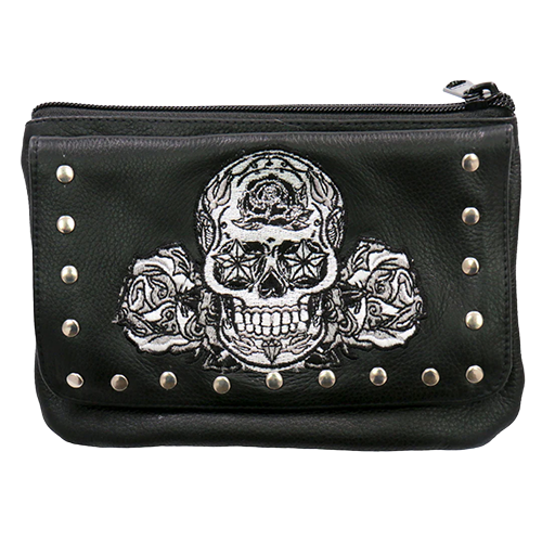 Black Leather Skull Clip Bag With Magnetic Closure