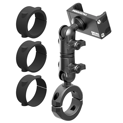 Black vibration dampening motorcycle phone mount for 1-1/4 to 1-1/2 inch handlebars with long reach arm