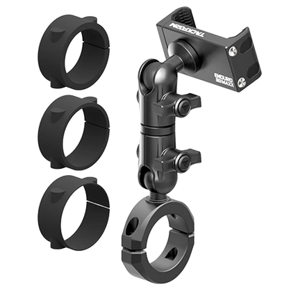 Black vibration dampening motorcycle phone mount for 1-1/4 to 1-1/2 inch handlebars with long reach arm