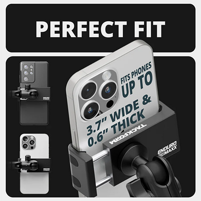 Phone holder with text indicating compatibility for phones up to 3.7" wide and 0.6" thick, on a black background.