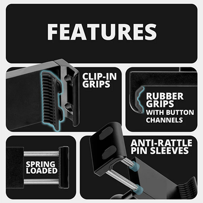 Features of a tool or device with clip-in grips, rubber grips, anti-rattle pin sleeves, and spring-loaded components on a black background.