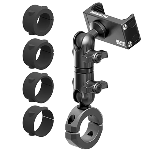 Black vibration dampening motorcycle phone mount with long reach arm for 7/8 to 1-1/4 inch handlebars