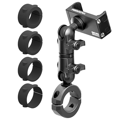 Black vibration dampening motorcycle phone mount with long reach arm for 7/8 to 1-1/4 inch handlebars