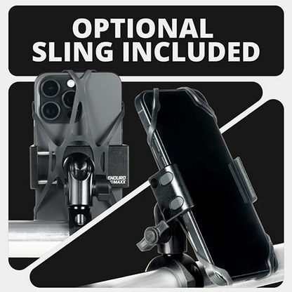 Phone holder with optional sling on a black background