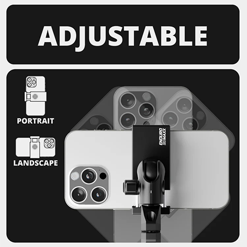 Adjustable phone stand with smartphone and camera illustration on a black background
