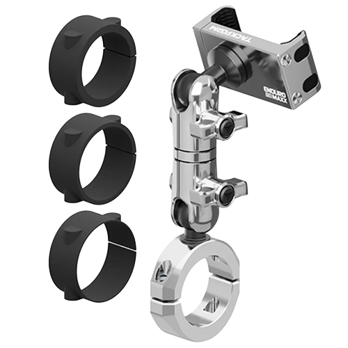 Chrome vibration dampening motorcycle phone mount for 1-1/4 to 1-1/2 inch handlebars with long reach arm