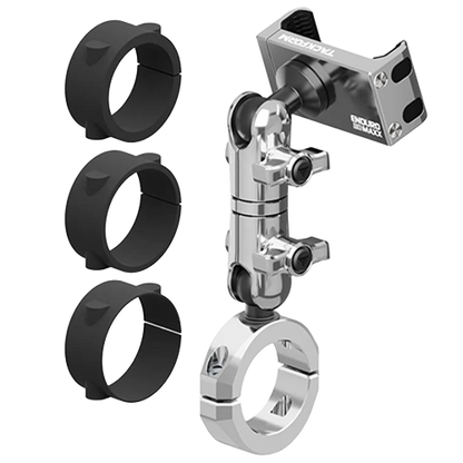 Chrome vibration dampening motorcycle phone mount for 1-1/4 to 1-1/2 inch handlebars with long reach arm