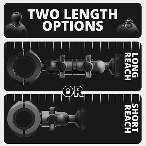 Two length options of a long reach or short reach tool on a black background with white text.