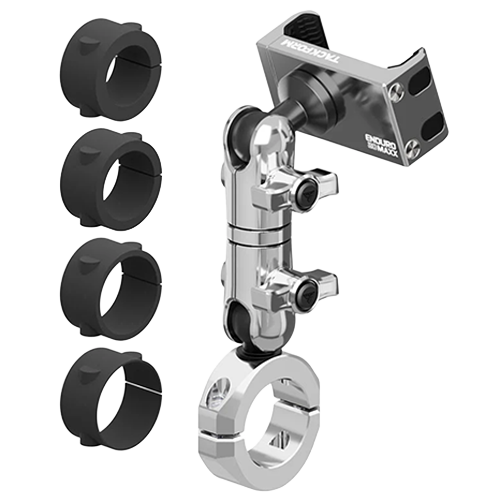 Chrome vibration dampening motorcycle phone mount with long reach arm for 7/8 to 1-1/4 inch handlebars