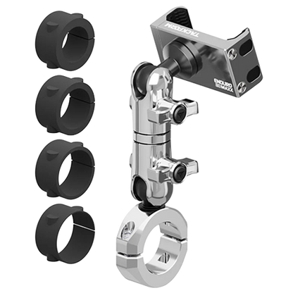 Chrome vibration dampening motorcycle phone mount with long reach arm for 7/8 to 1-1/4 inch handlebars