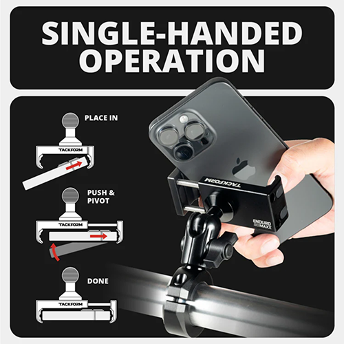 Phone holder with instructions for single-handed operation on a black background