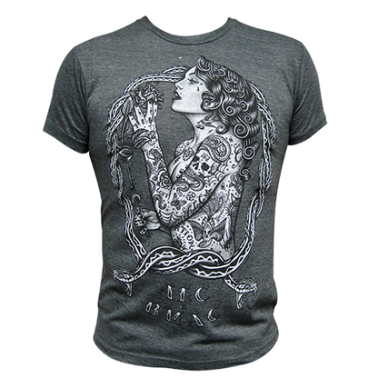 Eve men's graphic t-shirt featuring tattooed woman and serpent artwork.
