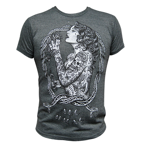 Eve men's graphic t-shirt featuring tattooed woman and serpent artwork.