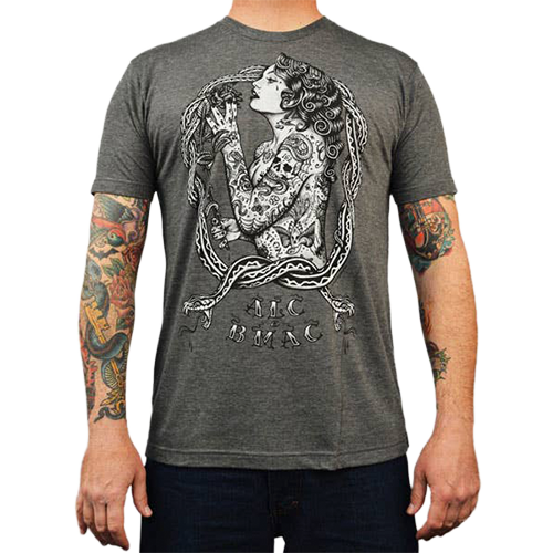 Heather charcoal graphic tee with Jarad Bryant artwork.