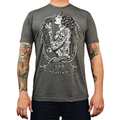 Heather charcoal graphic tee with Jarad Bryant artwork.