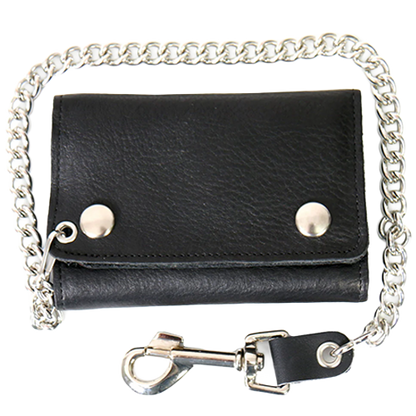 Black leather tri-fold wallet with extra width and a lobster claw clip attached to a chain.