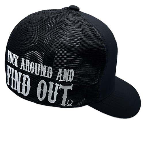 A black FlexFit hat with a structured design and a white slogan printed on the side.