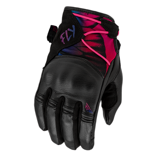 A black motorcycle glove with a colorful butterfly design on the top, featuring pink and blue accents.