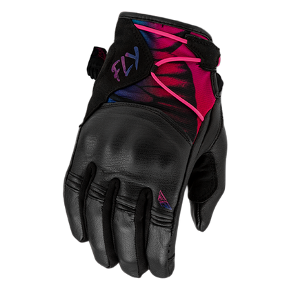 A black motorcycle glove with a colorful butterfly design on the top, featuring pink and blue accents.