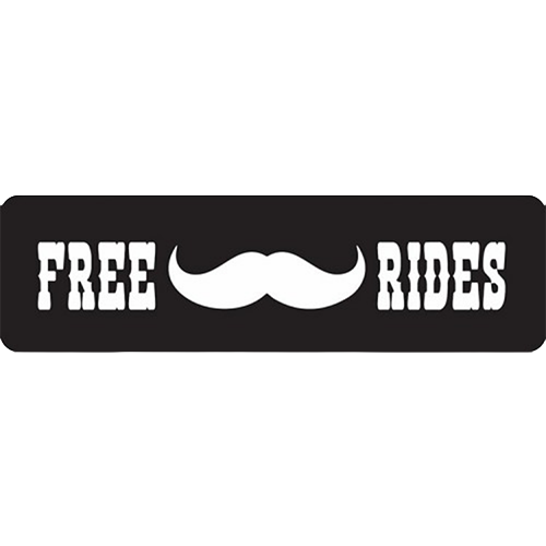 A black helmet sticker with white text and a mustache graphic, stating 'FREE Rides'.