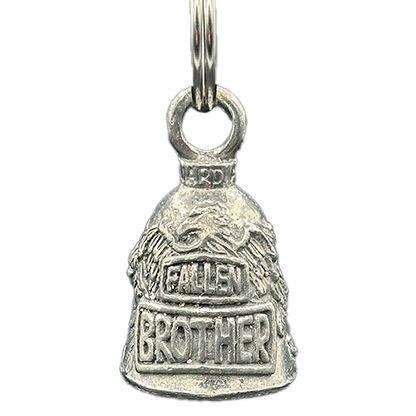 A silver bell with the inscription 'FALLEN BROTHER' and a graphic design, attached to a metal ring.