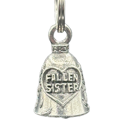 A silver bell with the inscription 'FALLEN SISTER' and a heart symbol, made from lead-free pewter.