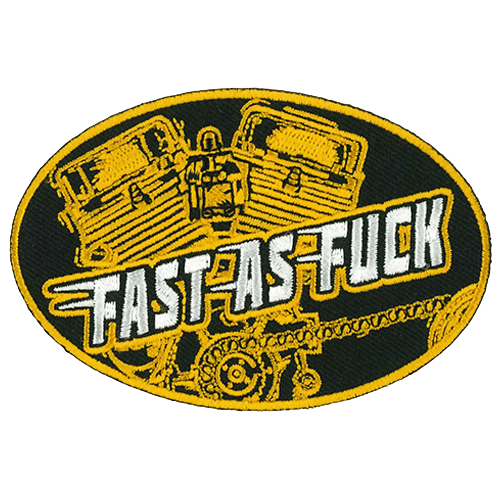 Black and yellow embroidered Fast As Fuck motorcycle patch with engine design and bold lettering