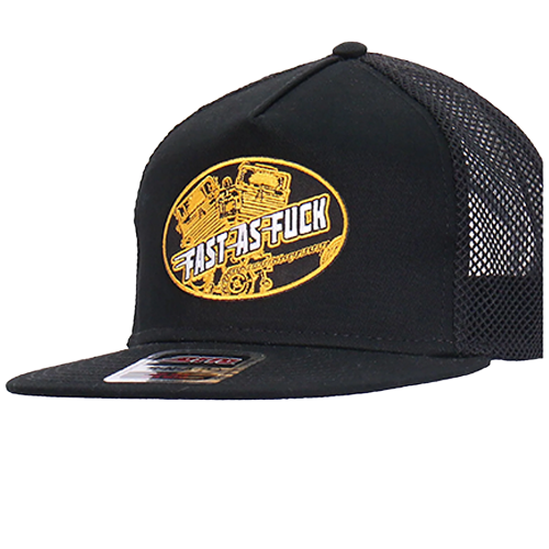 Black Snapback Cap With Fast As Fuck Patch Angled View