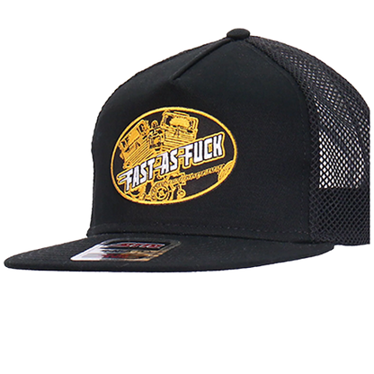 Black Snapback Cap With Fast As Fuck Patch Angled View