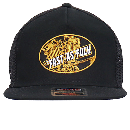 Black Snapback Cap With Fast As Fuck Patch Front View