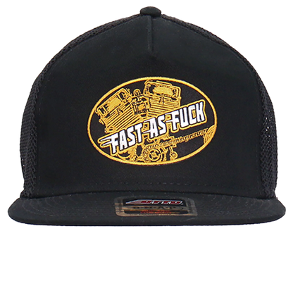 Black Snapback Cap With Fast As Fuck Patch Front View