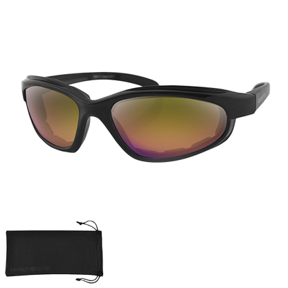 A pair of black Fat Boy sunglasses with yellow-tinted REVO lenses and a microfiber case.