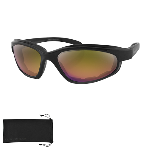 A pair of black Fat Boy sunglasses with yellow-tinted REVO lenses and a microfiber case.
