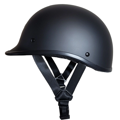 Flat black motorcycle helmet with a small visor, quick release straps, and designed for a low-profile fit.