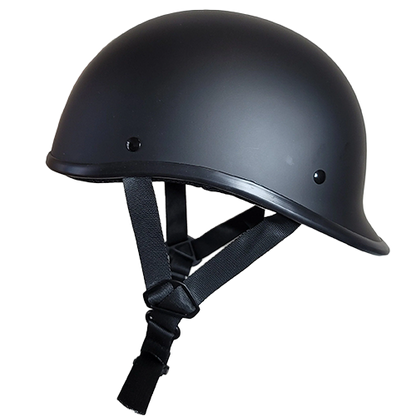 Flat black motorcycle helmet with a small visor, quick release straps, and designed for a low-profile fit.