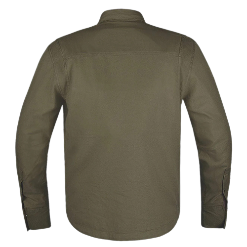 The back view of a long-sleeve button-up shirt in olive green