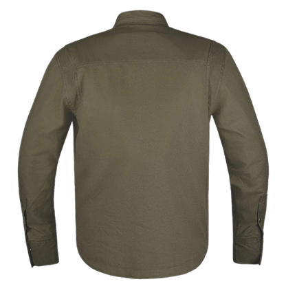 The back view of a long-sleeve button-up shirt in olive green
