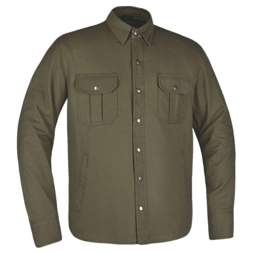 An olive green long-sleeve button-up shirt jacket with two buttoned chest flap pockets