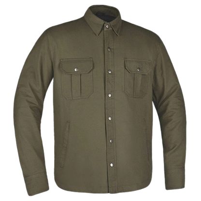 An olive green long-sleeve button-up shirt jacket with two buttoned chest flap pockets