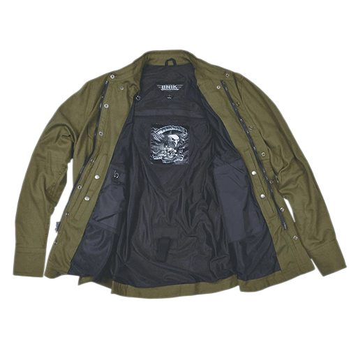 An olive green motorcycle jacket with a black interior lining