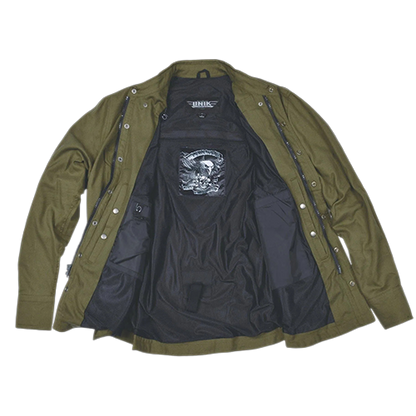 An olive green motorcycle jacket with a black interior lining