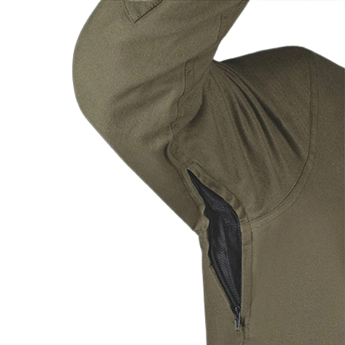 Close-up of an olive green sleeve with a black mesh underarm airflow and zipper