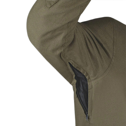 Close-up of an olive green sleeve with a black mesh underarm airflow and zipper